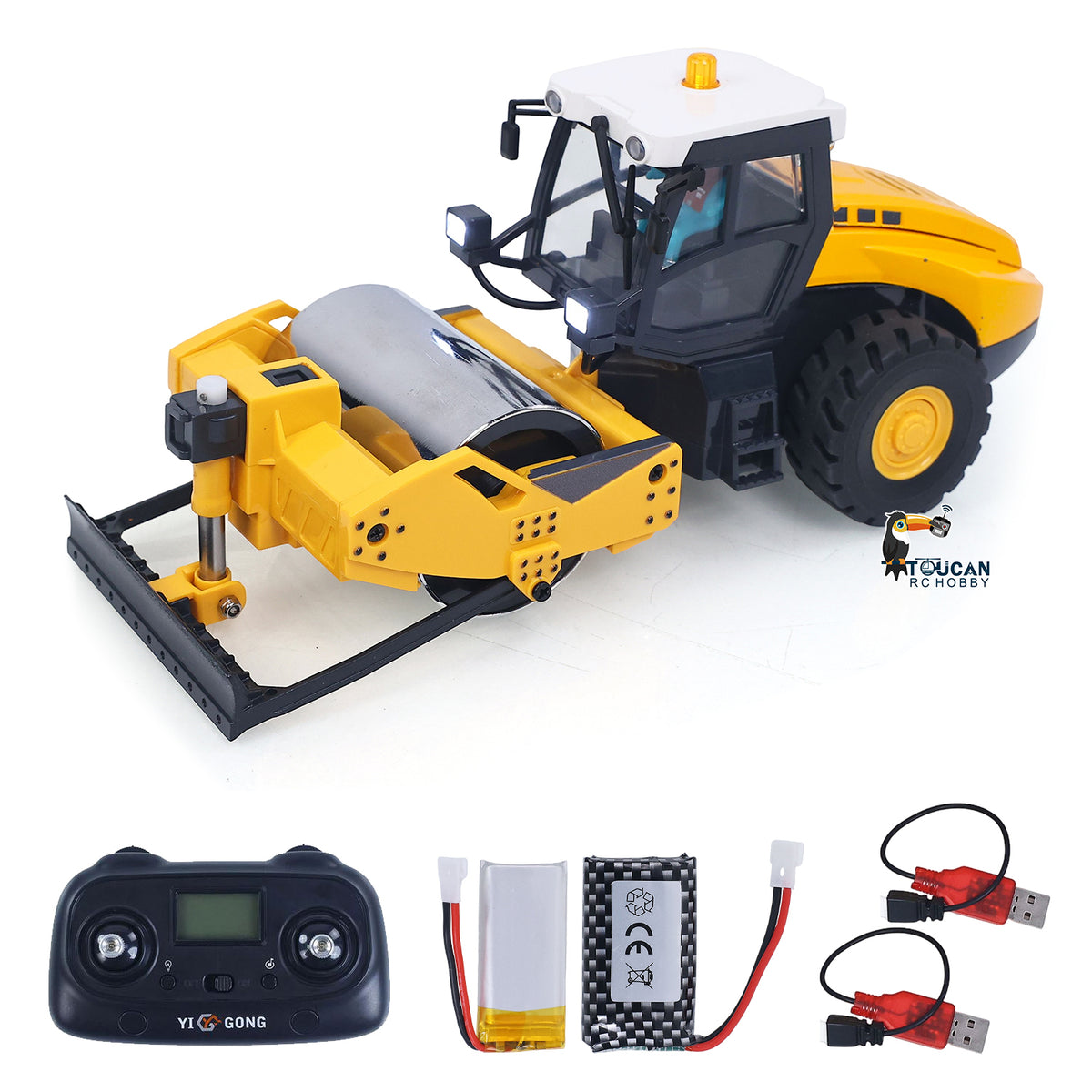 TOUCAN RC HOBBY Yi Gong 1/50 Mini Remote Control Road Roller RTR Electric RC Construction Vehicle Finished Model Metal Blade Lights Sounds Effect