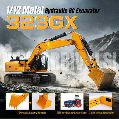 TOUCAN RC HOBBY Fast Free Shipping for EU 323GX 1/12 Metal RTR RC Hydraulic Excavator Brushless Motor Quick Coupler ST8 Controller Light Sound for Digger Model Collectors