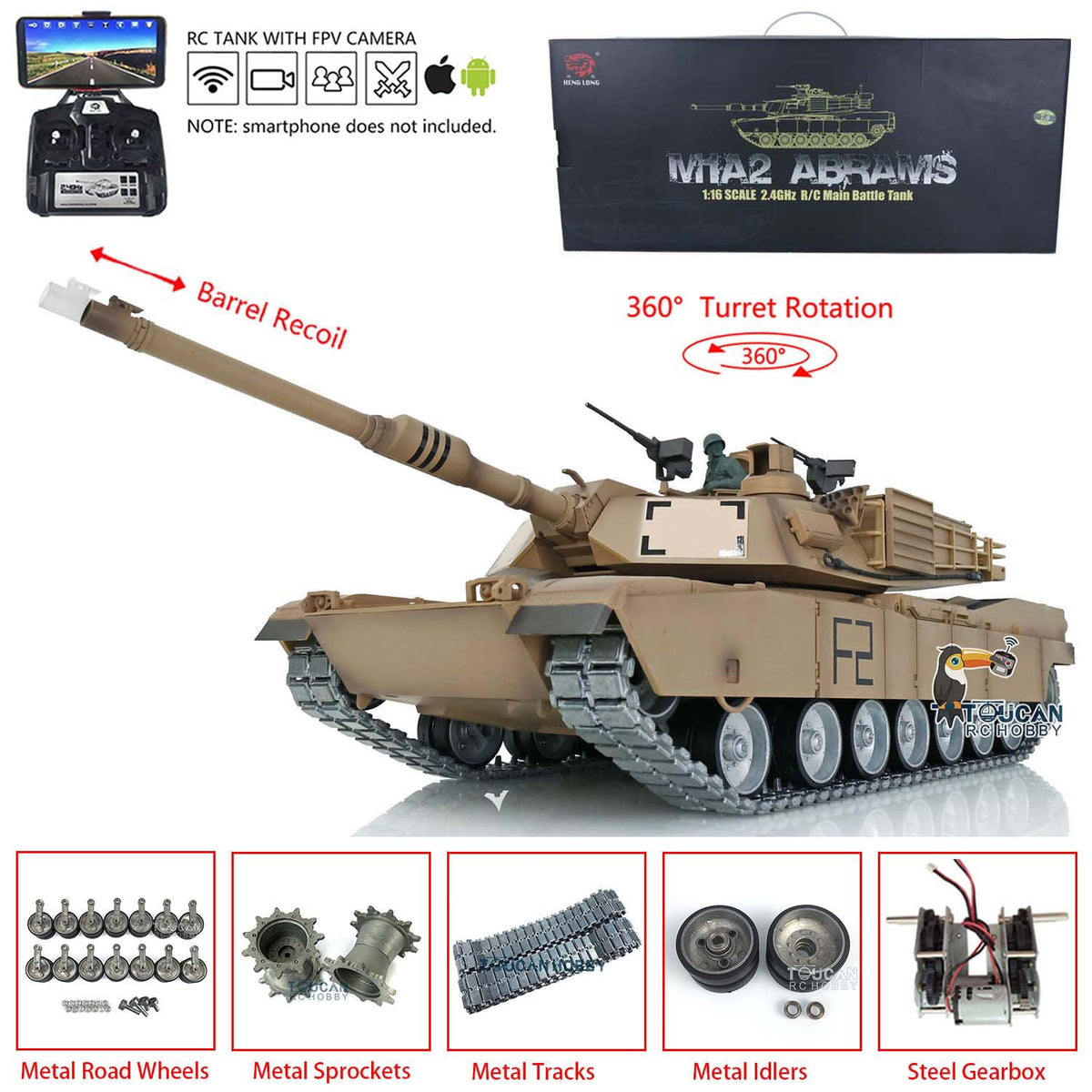 TOUCAN RC HOBBY Heng Long 1/16 TK7.0 Profession USA Abrams M1A2 RTR RC Tank 3918 FPV 360 Degrees Turret Barrel Recoil BB IR Metal Tracks Gearbox Sprockets Idlers Road Wheels