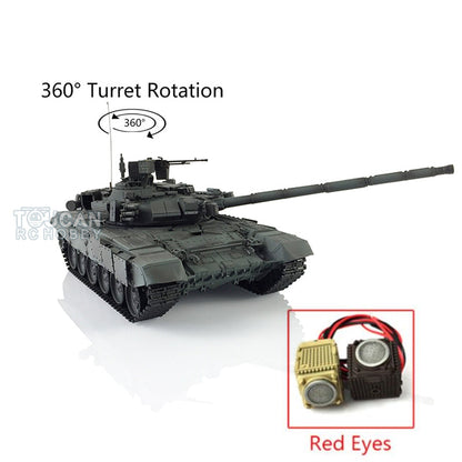 TOUCAN RC HOBBY Char RC Professionnel Heng Long 1/16 TK7.0 Russe T90 3938 avec Yeux Rouges, Tourelle à 360 Degrés, Fumée, Combat Infrarouge, Pignons, Poulies et Galets de Roulement en Métal