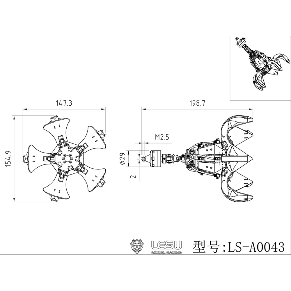 TOUCAN RC HOBBY LESU 1/14 Scale Rotary Cylinder Universal Joint Hydraulic Orange Peel Grab Suitable for RC Crane Dumper Tipper Truck Cars