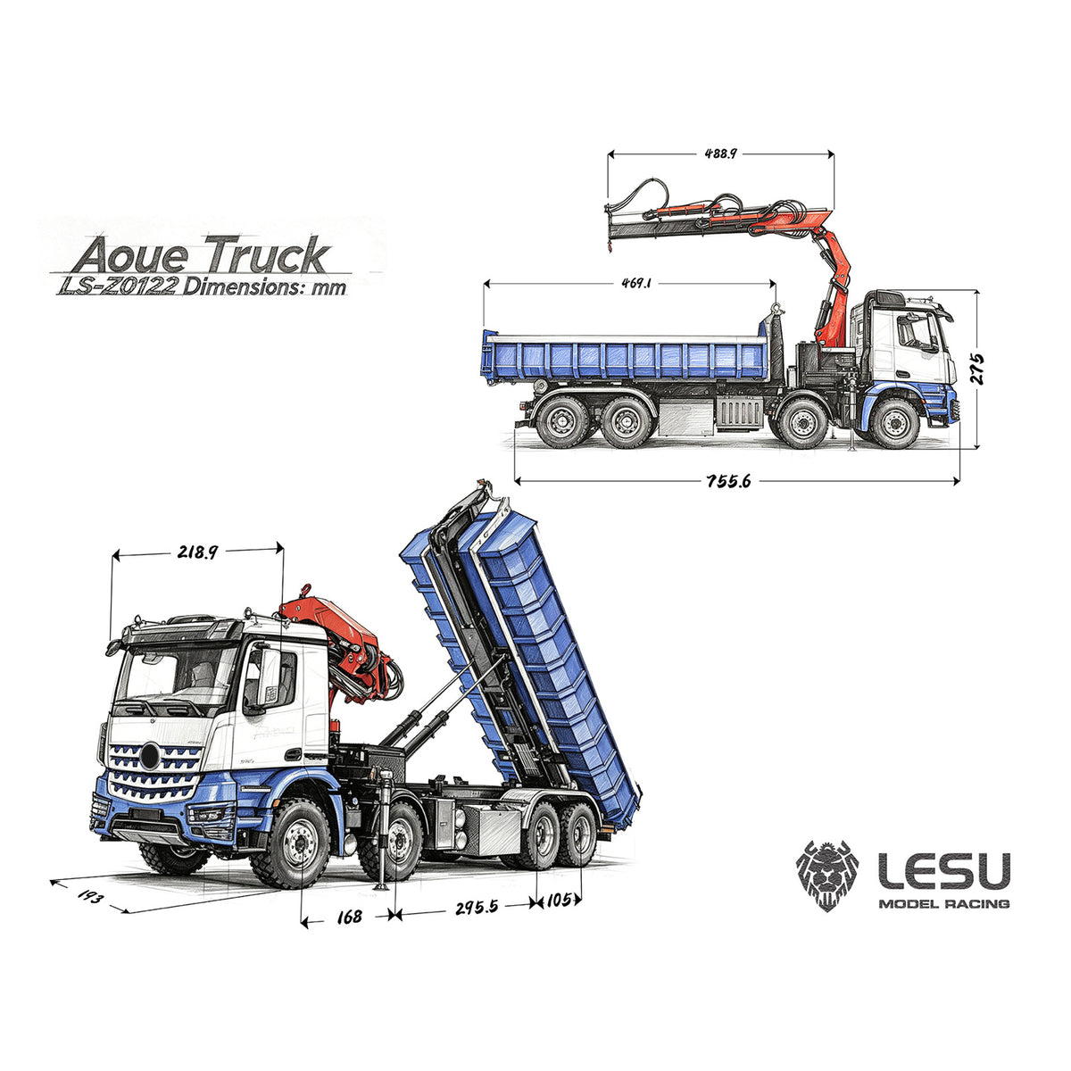 Camion benne télécommandé hydraulique LESU Z0122 1/14 8x8 avec bras à crochet télescopique, vanne 7 canaux, grue, boîte de vitesses à 3 rapports, blocage de différentiel, lumières et son TOUCAN RC HOBBY