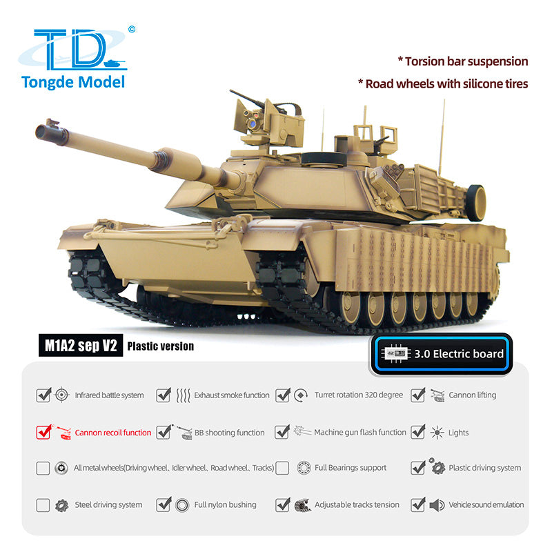 TOUCAN RC HOBBY 1/16 Tongde RC Infrared Battle Tank Radio Control Panzer M1A2 SEP V2 Abrams Electric Military Tanks 320 Rotation Simulation Model Barrel Recoil BB Unit