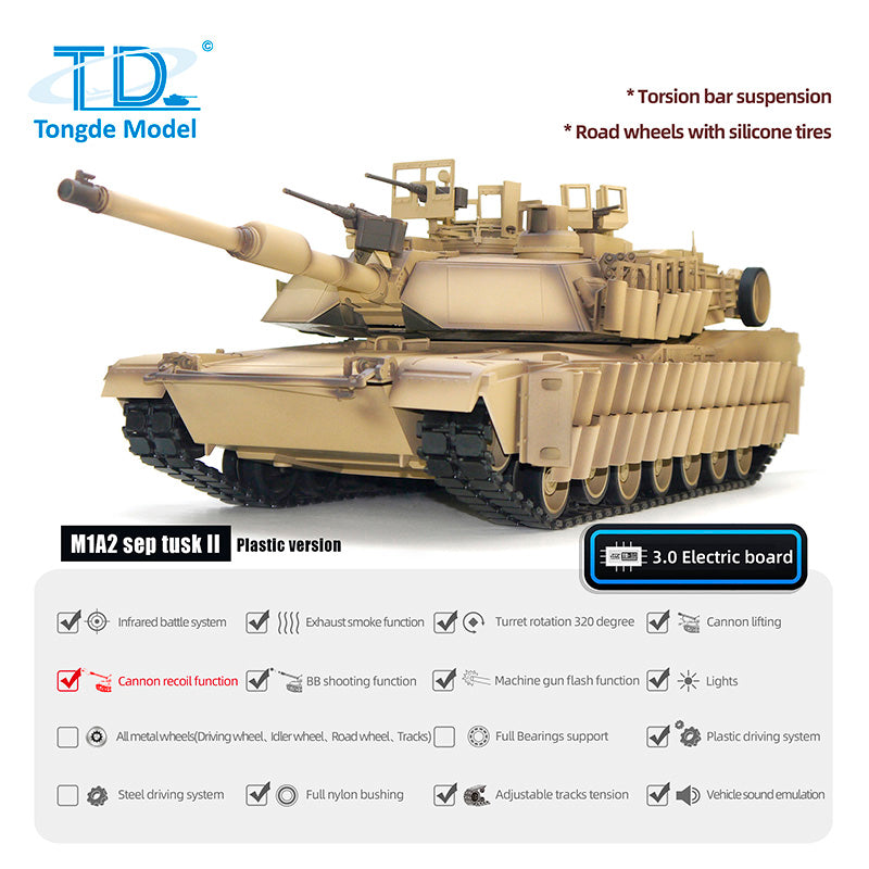 TOUCAN RC HOBBY Tongde 1/16 Abrams M1A2 RC Infrared Battle Tank SEP TUSK II Remote Controlled Electric Panzer Model 320 BB Unit Barrel Recoil System