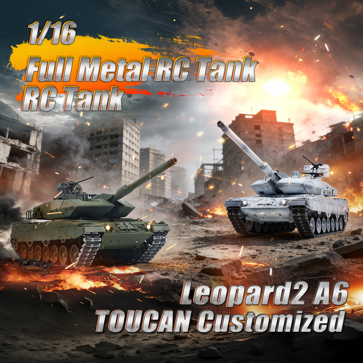 TOUCAN RC HOBBY Char RC 1/16 en métal 3889 Leopard A6 allemand, tourelle rotative à 360 degrés, recul du canon, fumée, éclairage, périscope électrique