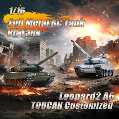 TOUCAN RC HOBBY Char RC 1/16 en métal 3889 Leopard A6 allemand, tourelle rotative à 360 degrés, recul du canon, fumée, éclairage, périscope électrique