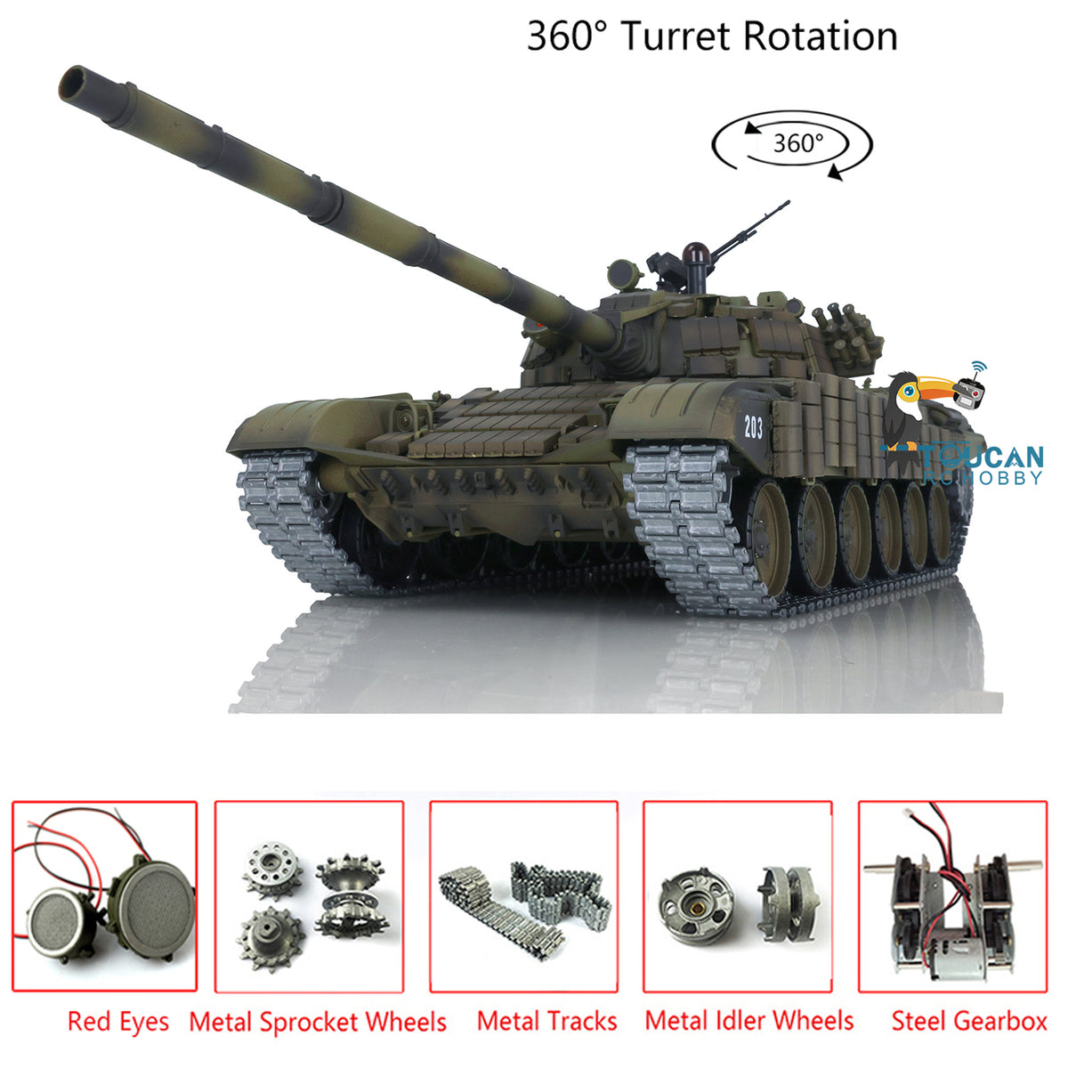 TOUCAN RC HOBBY Remote Control Heng Long Soviet T72 RC RTR Tank 1:16 Scale 7.0 3939 360 Turret Red Eyes Armor Simulated Military War Trucks