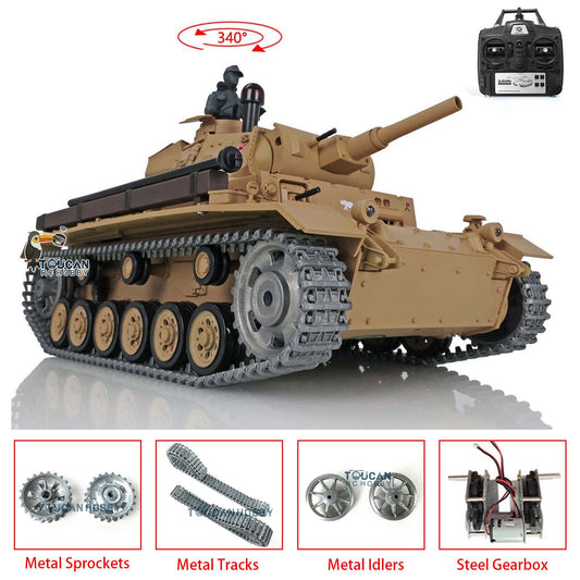 TOUCAN RC HOBBY Heng Long 1/16 Radio Control Tank Panzer III H 3849 Upgraded 7.0 RTR RC Tank w/ Metal Idler Sproket Wheels Tracks Steel Gearbox