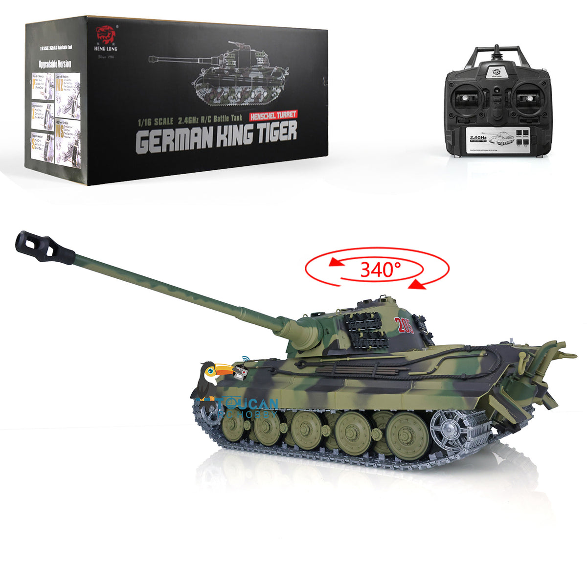 TOUCAN RC HOBBY US Stock 2.4Ghz Heng Long 1:16 7.0 German King Tiger RTR RC Tank 3888A Model Metal Tracks 340 Degree Turret Steel Driving Gearbox