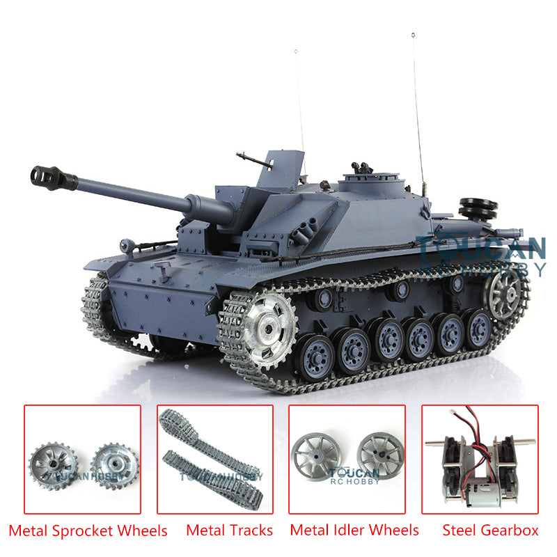 TOUCAN RC HOBBY Heng Long 1/16 RC Panzer 3868 7.0 aufgerüsteter deutscher Stug III RTR Panzer mit Metallketten, Leit- und Treibrädern, Rauch, Getriebe und Motorsound