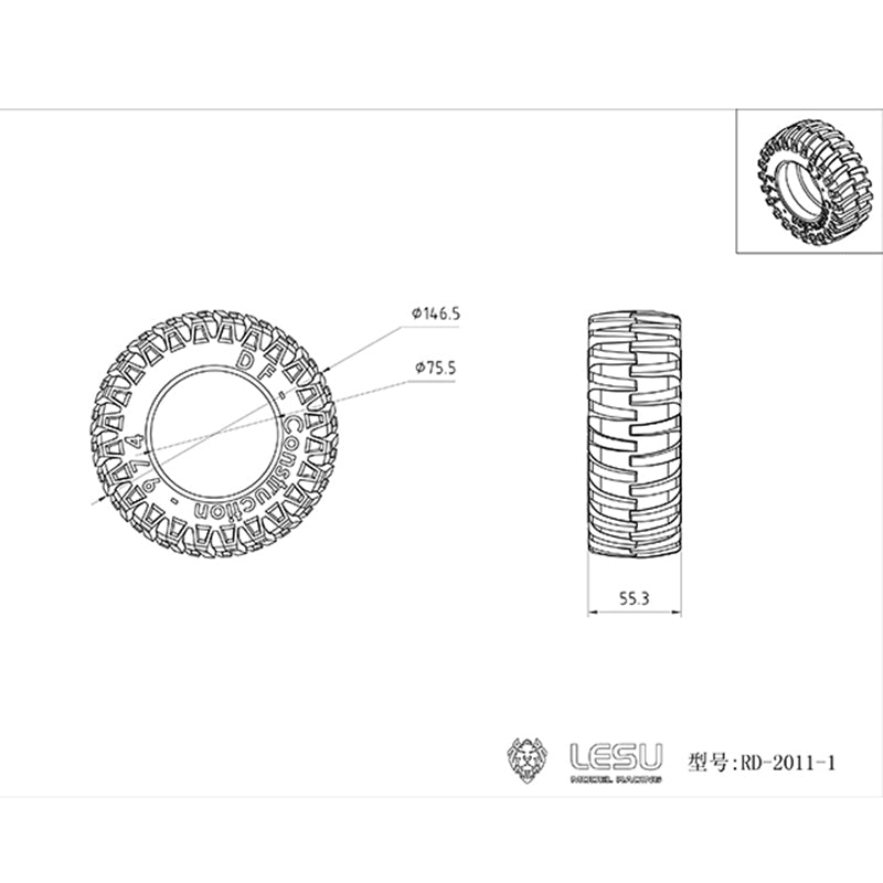 TOUCAN RC HOBBY LESU Spare Part Rubber 146.5MM 112.9MM Wheel Tire Metal Front Rear Hub for 1/16 Radio Controlled DIY Model Truck Walking Tractor